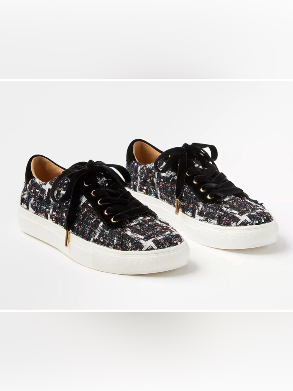 NEW ANN TAYLOR LOFT BLACK METALLIC TWEED VELVET TRIM LACE UP SNEAKERS SZ 8